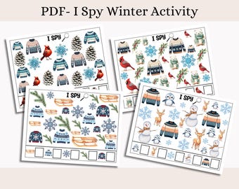 May include: Four printable "I Spy" activity sheets featuring winter-themed illustrations. Each sheet has a different set of images to find, including snowflakes, pine cones, cardinal birds, sweaters, sleds, penguins, deer, and snowmen. The sheets are designed for children to practise their observation and counting skills.