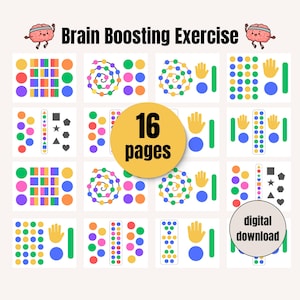 May include: A digital download featuring 16 pages of brain-boosting exercises. The pages display colorful shapes, patterns, and hand illustrations. The text "Brain Boosting Exercise" and "digital download" are also visible.