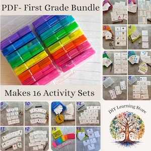 May include: A clear plastic storage box with 16 colourful compartments filled with small cards. The cards are labelled with numbers 1 through 16. The text "PDF - First Grade Bundle" and "Makes 16 Activity Sets" is visible. A logo for "DIY Learning Store" is in the bottom right corner, featuring a colourful tree.