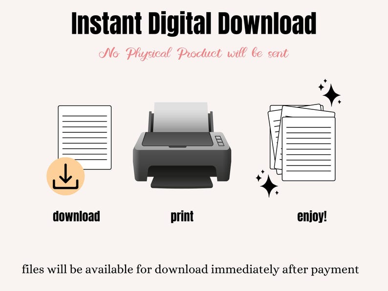 Op de afbeelding: Illustratie die het proces van het downloaden en afdrukken van een digitaal bestand laat zien. Een downloadpictogram staat naast een vel papier, gevolgd door een printerpictogram en vervolgens een stapel afgedrukte papieren met glinsterende sterren. De tekst "Direct digitaal downloaden" staat bovenaan de afbeelding, en de tekst "Geen fysiek product wordt verzonden" staat eronder. De tekst "downloaden", "printen" en "geniet!" staat onder de pictogrammen. De tekst "bestanden zijn direct na betaling beschikbaar om te downloaden" staat onderaan de afbeelding.