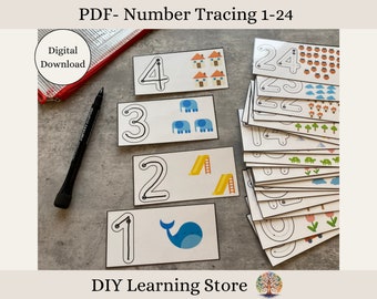 PDF-Number Tracing and Counting 1-24- Instant Download- Montessori Learning Toy for Preschool, Kindergarten, Special Needs, Quiet time