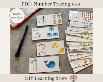 May include: A set of 24 printable number tracing cards for kids. Each card features a number 1-24 with a dotted line for tracing and a corresponding number of colorful illustrations.