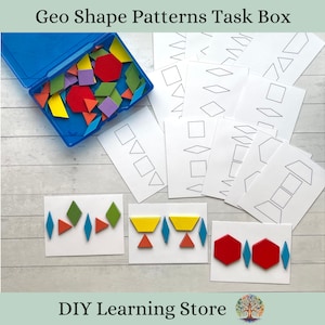 May include: A set of colorful geometric shapes in a blue plastic container. The shapes are used to complete patterns on white cards. The cards show different geometric patterns with outlines. The cards are labeled "Geo Shape Patterns Task Box".