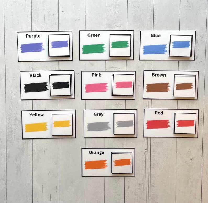 Pode incluir: Um conjunto de 10 cart&otilde;es de cor com os nomes das cores impressos no topo. Cada cart&atilde;o tem dois quadrados, um com uma cor s&oacute;lida e o outro com uma amostra de cor.