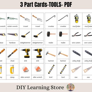 Tarjetas de 3 partes - HERRAMIENTAS - Actividad con tarjetas didácticas Montessori - Tarjetas de nomenclatura Montessori - Tarjetas de tres partes - Preescolar, educación en el hogar, PDF editable