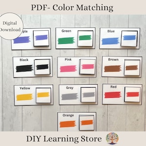 May include: Printable PDF color matching activity for kids.  The printable includes 10 color cards with two squares each.  The colors are: purple, green, blue, black, pink, brown, yellow, gray, red, and orange.