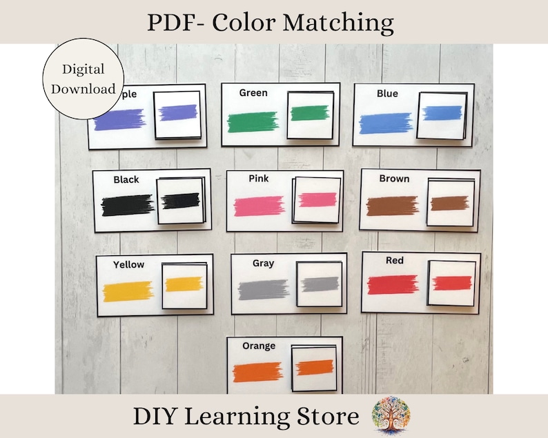 Printable PDF color matching activity for kids.  The printable includes 10 color cards with two squares each.  The colors are: purple, green, blue, black, pink, brown, yellow, gray, red, and orange.