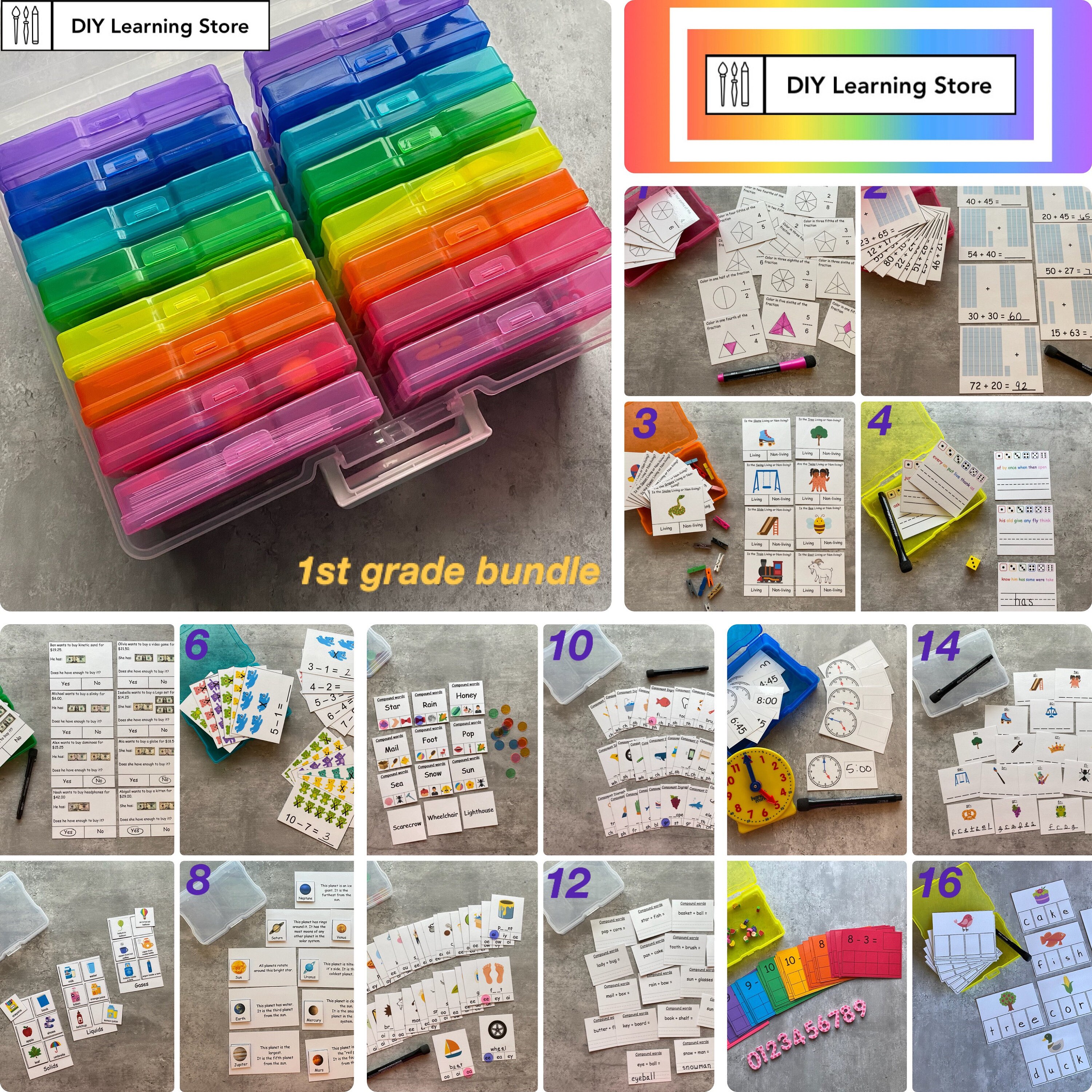 1st Grade Activity Bundle- 16 Task Box Learning Activities and Carrying ...