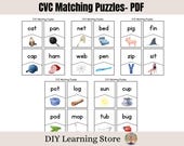 CVC Matching Puzzles- Preschool Activity Cards- Homeschool, Kindergarten, Phonics, Vowels, Word Recognition, Learn to Read- PDF