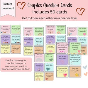 Couples Conversation Cards- PDF- Instant Download- Therapy Cards, Discussion Cards, Counseling Printable, Date Night, Reconnect, Partners