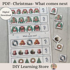 O que vem a seguir - Atividade de Natal - Sequenciamento de padrões - Criança pequena, pré-escola, jardim de infância, educação domiciliar, necessidades especiais - Bolsa de atividades - PDF
