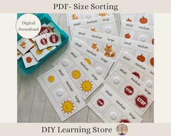 May include: A printable PDF file for a size sorting activity. The file includes images of a stop sign, a pumpkin, a fox, a sun, and a red apple. The images are in different sizes and are labeled "small", "medium", and "large".