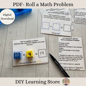 Roll a math problem activity cards- Montessori Learning toy for Kindergarten, 1st grade, 2nd grade, 3rd grade, homeschool, quiet time- PDF
