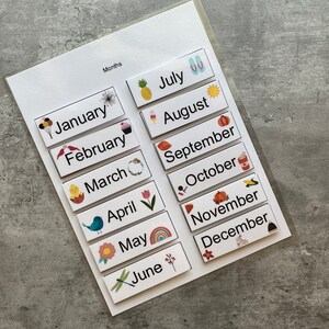 Pu&ograve; includere: Carte bianche con i mesi dell'anno stampati su di esse. Ogni carta ha una piccola illustrazione che rappresenta il mese. Ad esempio, la carta di gennaio ha una mongolfiera, la carta di febbraio ha un cupcake e la carta di luglio ha infradito.