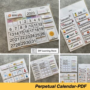 Pu&ograve; includere: Un calendario perpetuo stampabile con illustrazioni colorate di mesi, stagioni, giorni della settimana e tempo. Il calendario include un selettore di anno, un selettore di mese, un selettore di giorno e un selettore di stagione. Il calendario &egrave; progettato per scopi educativi e pu&ograve; essere utilizzato per insegnare ai bambini il tempo e il calendario.