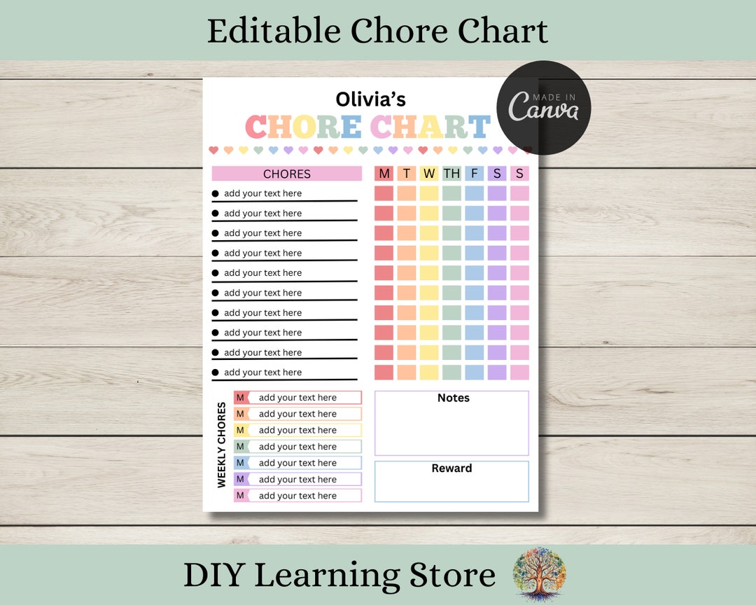Weekly Chore Chart for Kids | Editable on Canva | Printable | Chore ...