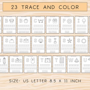 Op de afbeelding: Een set van 23 printbare oefenbladen met hoofdletters en zomerse illustraties om te traceren en in te kleuren. De werkbladen zijn ontworpen voor kinderen om te oefenen met het traceren van letters en het inkleuren van afbeeldingen. De tekst "23 TRACE AND COLOR" staat bovenaan de pagina. De tekst "SIZE - US LETTER 8.5 X 11 INCH" staat onderaan de pagina.