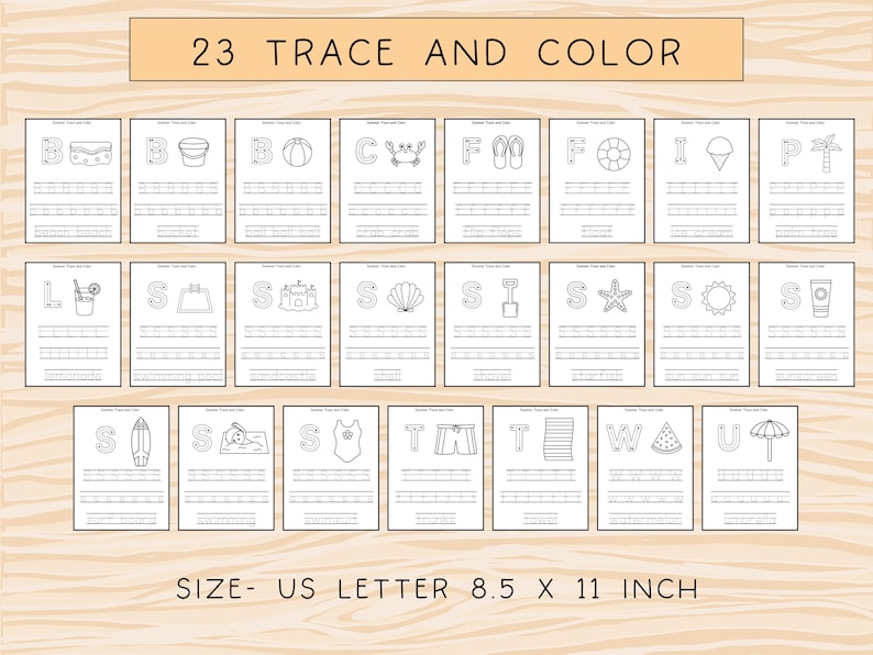 Op de afbeelding: Een set van 23 printbare oefenbladen met hoofdletters en zomerse illustraties om te traceren en in te kleuren. De werkbladen zijn ontworpen voor kinderen om te oefenen met het traceren van letters en het inkleuren van afbeeldingen. De tekst "23 TRACE AND COLOR" staat bovenaan de pagina. De tekst "SIZE - US LETTER 8.5 X 11 INCH" staat onderaan de pagina.