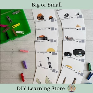 May include: A set of educational cards with images of various objects, such as a toaster, a meerkat, and a butterfly. Each card has the text "Find the big one" or "Find the small one" and a space for a clothespin. The cards are designed to help children learn about size.