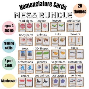 3 Part Cards Mega Bundle- 20 themes- Nomenclature Cards- Montessori Flash Cards- Preschool, Homeschool, Kindergarten, SpEd- Editable PDF