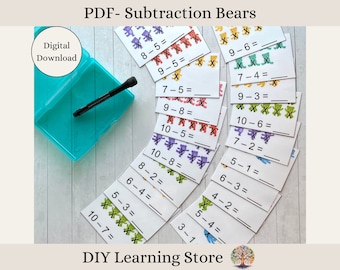 May include: A set of printable subtraction flashcards featuring colorful teddy bears. Each card has a subtraction problem with a visual representation of the bears. The cards are labeled "PDF - Subtraction Bears".