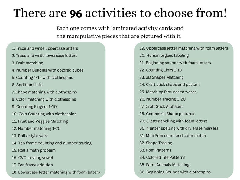 Op de afbeelding: Een lijst met 96 educatieve activiteiten op twee saliegroene, afgeronde rechthoekige panelen. De tekst luidt: There are 96 activities to choose from! Each one comes with laminated activity cards and the manipulative pieces that are pictured with it. De lijst bevat items zoals Trace and write uppercase letters, Fruit matching en Counting 1-12 with clothespins.