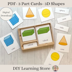 Formas 3D - Cartões de memória Montessori de 3 partes - PDF editável - Download instantâneo - Brinquedos e jogos Montessori - Jardim de infância - Educação domiciliar - Educação especial