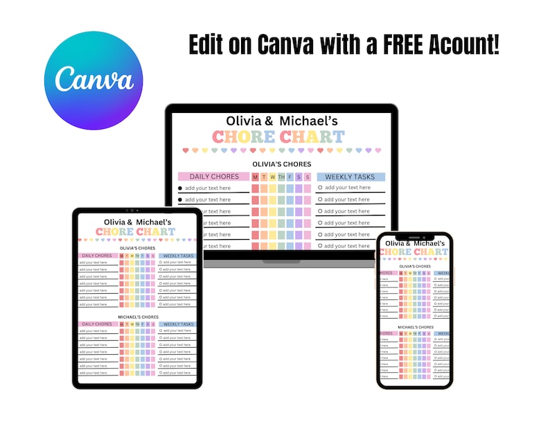 Editable Chore Chart for Two Kids | Canva Template | Behavior Tracker ...