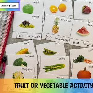 Könnte beinhalten: Ein Satz druckbarer Karten für eine Obst- oder Gemüseaktivität. Die Karten zeigen Bilder von Obst und Gemüse, wie Äpfel, Trauben, Erdbeeren, Ananas, Wassermelonen, Mais, Erbsen, Karotten, Brokkoli, Sellerie, Kürbisse, Blumenkohl und Gurken. Jede Karte hat einen Platz zum Schreiben von "Obst" oder "Gemüse".