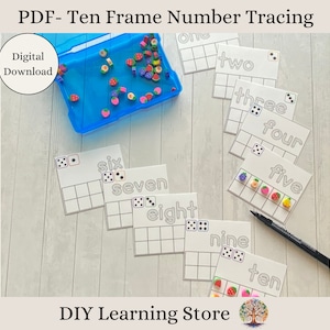 May include: A set of ten printable ten frames with numbers one to ten, each with a corresponding number of dice or fruit erasers. The words "one", "two", "three", "four", "five", "six", "seven", "eight", "nine", and "ten" are written on the cards. The words "Digital Download" and "DIY Learning Store" are also visible.