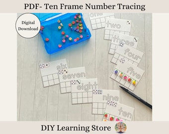 May include: A set of ten printable ten frames with numbers one through ten, each with a corresponding number of dice or fruit erasers. The words "one", "two", "three", "four", "five", "six", "seven", "eight", "nine", and "ten" are written on the cards. The words "Digital Download" and "DIY Learning Store" are also visible.