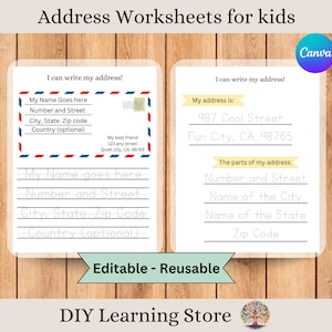 May include: Printable worksheet for children to practise writing their address. The worksheet includes a sample address and a section for children to write their own address. The worksheet is titled "Address Worksheets for Kids" and is labelled "Editable - Reusable".