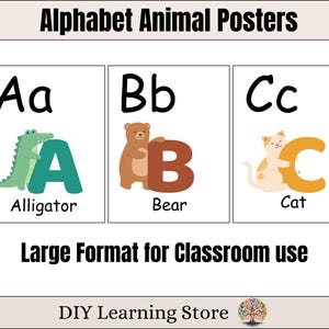 Cartazes de animais do alfabeto - Formato grande - Cartões de memória - Decoração de sala de aula - Cartazes para educação domiciliar - Letras - Jardim de infância - Imprimíveis para pré-escola - PDF