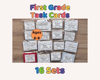 First Grade Task Card Bundle | 16 learning activities | Homeschool, Pre K, Special Education, Teacher Resource | Laminated Cards Only