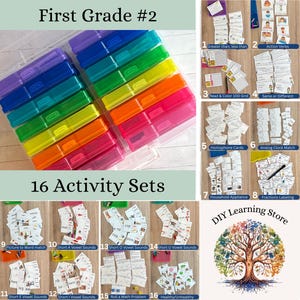 May include: A collection of 16 activity sets for first grade, including colorful storage containers and various educational cards. The sets cover topics like action verbs, homophones, and fractions. The image also includes the text "First Grade #2" and "16 Activity Sets".