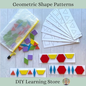 May include: A set of geometric shape patterns for kids. The set includes a mesh bag filled with colorful wooden shapes, and several white cards with black outlines of different shapes. The cards are labeled "Geometric Shape Patterns".