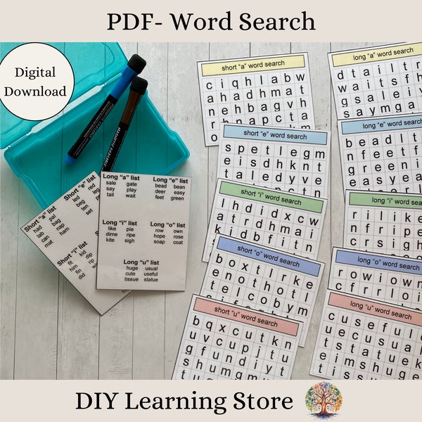 PDF- Word Search- long and short vowel sounds- Activity Cards