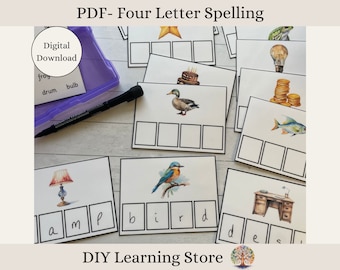 PDF- Spelling Practice- 4 Letter Words- Instant Download- Montessori Learning Toy for Kindergarten, Homeschool, 1st grade, Special Needs