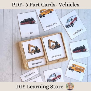 Fahrzeuge - Montessori 3-teilige Flashkarten - Sofortiger Download - Bearbeitbare PDF - Montessori Spielzeug und Spiele -Montessori Kleinkind - Homeschool Vorschule