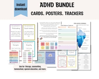 ADHD Bundle-Self Care for Kids and Adults-Cards, Posters, and Trackers- Conversation and Motivation Cards, Therapy Tools, PDF Printable