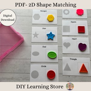 Cartões de atividade de correspondência de botões de forma 2D - Download instantâneo - Brinquedo de aprendizagem Montessori para pré-escola, educação domiciliar, necessidades especiais, hora do silêncio - PDF