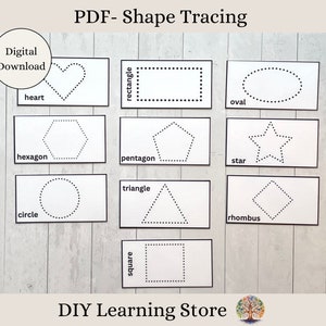 Puede incluir: Hoja de trabajo PDF imprimible con líneas punteadas para trazar varias formas, incluyendo un corazón, un rectángulo, un óvalo, un hexágono, un pentágono, una estrella, un círculo, un triángulo, un rombo y un cuadrado. La hoja de trabajo se titula "PDF - Trazado de formas" e incluye el texto "Descarga digital" y "DIY Learning Store".