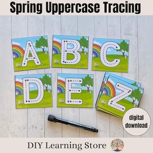 Trazado de letras mayúsculas - Tarjetas de actividades con temática de primavera - Juguete de aprendizaje preescolar - Formación de letras - Habilidades de escritura a mano - Desarrollo de la motricidad fina