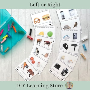 May include: A set of printable cards with images and the question "Is the [object] on the left or right?"  The cards are designed for a left and right learning activity.  The cards are printed on white cardstock and feature colorful images of common objects.