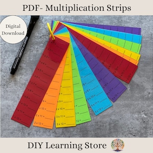 May include: A set of colorful multiplication strips for kids. The strips are arranged in a rainbow pattern and feature multiplication facts from 1x2 to 7x12. The strips are labeled with the multiplication equation and the answer. The text "PDF - Multiplication Strips" and "Digital Download" are at the top of the image. The text "DIY Learning Store" is at the bottom of the image.