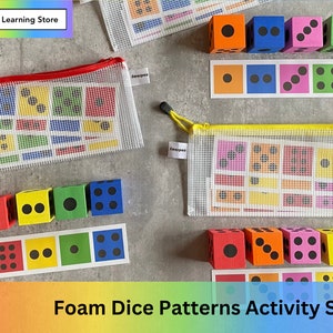 K&ouml;nnte beinhalten: Schaumstoff-W&uuml;rfel-Muster-Aktivit&auml;tsset mit bunten W&uuml;rfeln und passenden Karten. Das Set enth&auml;lt zwei Netztaschen mit verschiedenen W&uuml;rfelmustern. DIY Learning Store.