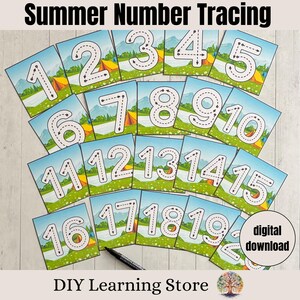 May include: Summer Number Tracing cards featuring numbers 1-19 with dotted lines for tracing. Each card has a camping scene background. The words "Summer Number Tracing" and "digital download" are visible. The DIY Learning Store logo is also visible.