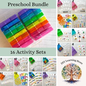 Rainbow case with 16 different Preschool learning activities. Each activity is pictured around the carrying case.