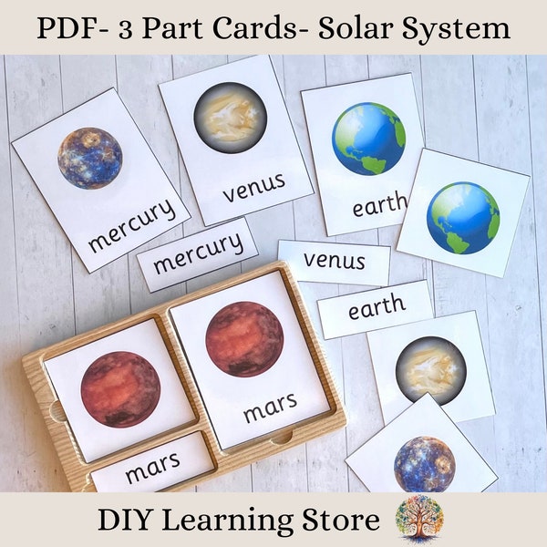 Solar System- Montessori 3 Part Flash Cards- Montessori toys and games- Instant Download- Editable PDF