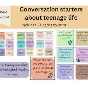 Gespreksstarters over het leven van tieners- pdf- afdrukbare kaarten met discussievragen- therapiekaarten, counselor-tools, opvoedingstools